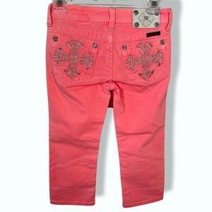 Miss Me Girls Hot Pink Neon Capri Jeans Cross Bling Denim Jeans